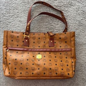 MCM Cognac Visetos Monogram Shoulder Tote with Dark Brown Trim